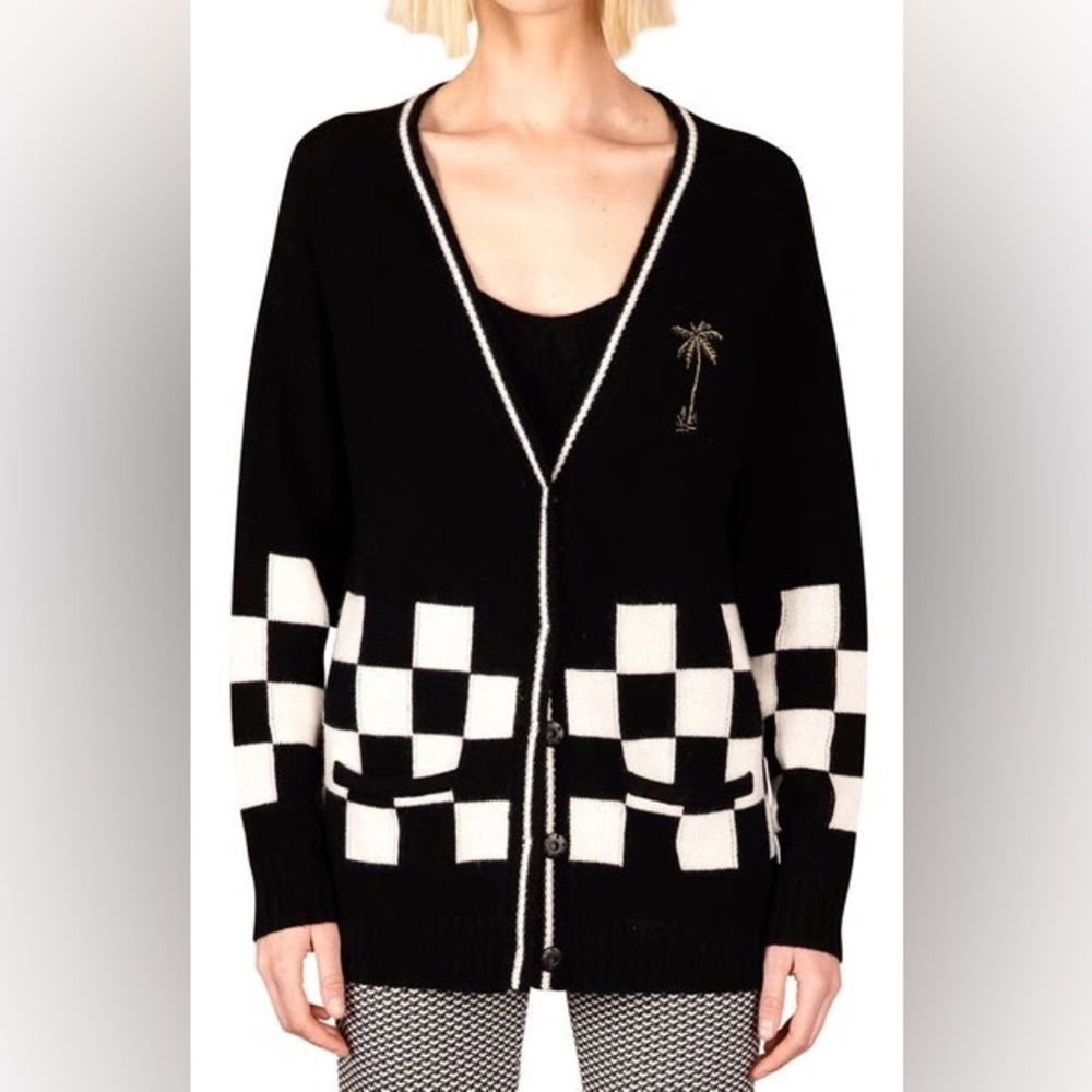 LE SUPERBE VAN DOREN CHECKERED CARDIGAN IN BLACK WHITE BRONZE LARGE $465